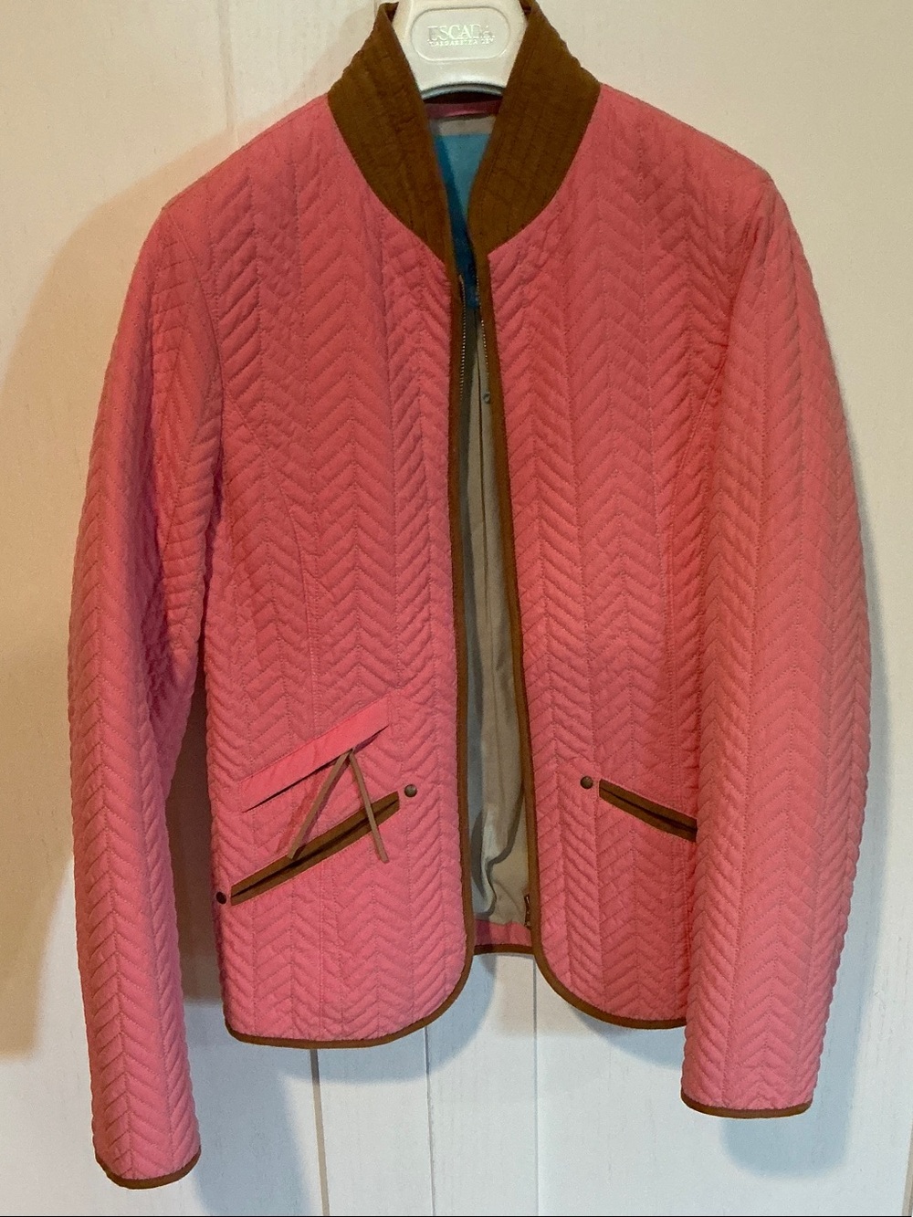 Escada Pink Quilted Bomber Jacket with Brown Trim